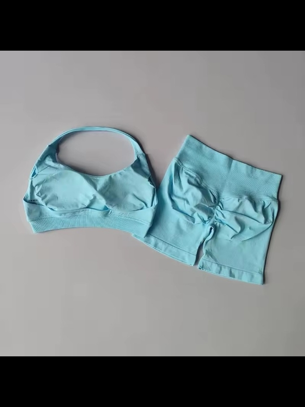 Seamless Light Blue Activewear Set - Crop Sports Bra + High-Waist Shorts
